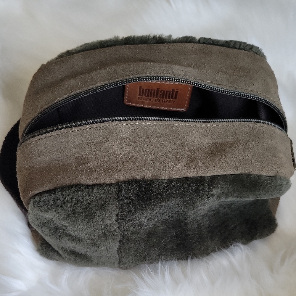 Women's Suede Cosmetic Bag in Olive and Brown